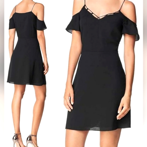 💛 Nwt Cooper & Ella Black Dress Spaghetti Straps Off the Cold Shoulder Knot - Picture 1 of 8